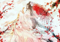 an artistic painting of a woman with red umbrella and cherry blossoms on her head, in front of a white background