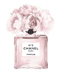 a chanel perfume bottle with flowers on the top and bottom part of it's label