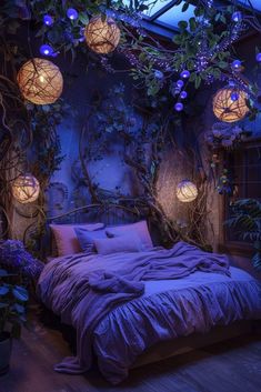 a bed with purple comforter and pillows in a room that has plants growing on the walls