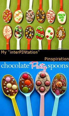 spoons filled with different types of candy and candies are shown next to each other