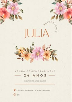 the front and back cover of an event with pink flowers on it, which reads julia