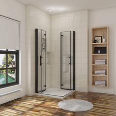 a bathroom with a wooden floor and white tile walls, along with a walk in shower