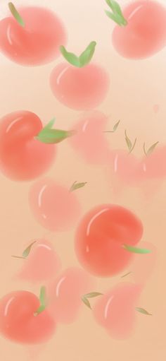 an image of tomatoes flying in the air with leaves coming out of them on a pink background