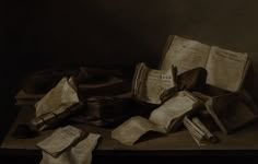 an oil painting of books and papers on a table