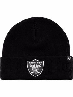 the oakland football team's new era knit beanie hat is shown in black