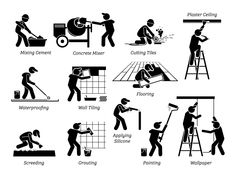 black and white silhouettes of people working on different types of things in the house