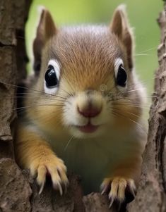 a close up of a squirrel peeking out from behind a tree trunk with its eyes wide open