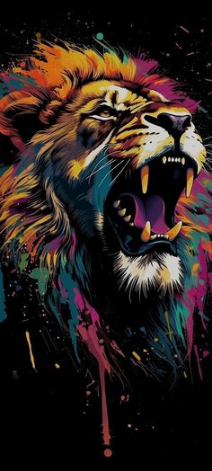 a lion with its mouth open and it's teeth painted multicolored in black