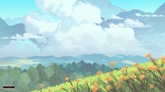 an animated landscape with mountains and flowers in the foreground, and clouds in the background