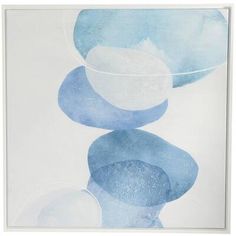 an abstract painting with blue and white shapes on the bottom, against a white background