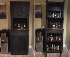 two pictures of the same cabinet in different stages of being used as a liquor dispenser