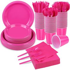 pink party supplies including plates, napkins and cups with matching forks and spoons