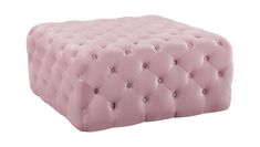 a large pink ottoman with buttons on the front and back legs, sitting against a white background