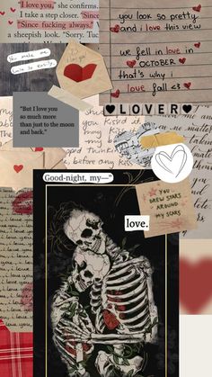 a collage of different pictures with words and images on them, including a skeleton