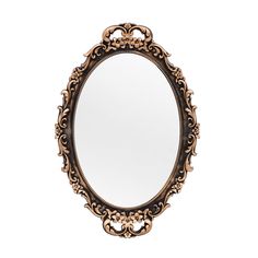 an ornately decorated oval mirror on a white background