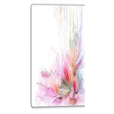 an abstract painting with pink flowers on white background