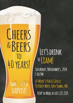 a beer glass with cheers and beers to 40 years on it is shown in front of a chalkboard background