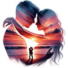 two people are kissing in front of an orange and blue sunset with the sun setting behind them