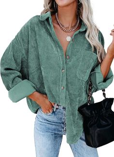 Dokotoo Womens Corduroy Shirts Button Down V Neck Long Sleeve Blouse Casual Roll Up Cuffed Tops with Pockets L Green at Amazon Women’s Clothing store Corduroy Blouse, Loose Coats, Corduroy Shirt, Cardigan Style, Oversize Women, Long Sleeve Tops Casual, Oversized Blouse, Corduroy Jacket, Long Shirt