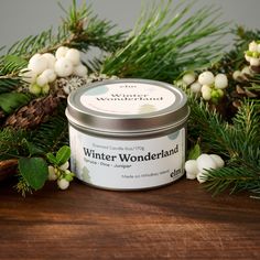 Elm Design's scented candle "Winter Wonderland" in a 6oz metal tin. Homemade Evergreen Candles, Winter Cabin Candle, Snowy Pinecone Candle Jars, Winter Candles Label, Pacific Northwest Winter, Design Candles, Serene Forest, Forest Walk, A Snowy Day