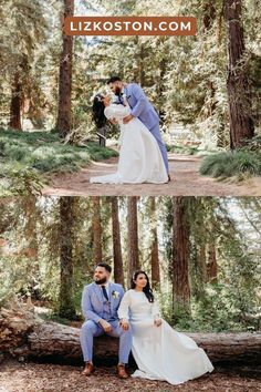 the bride and groom are posing for pictures in the woods