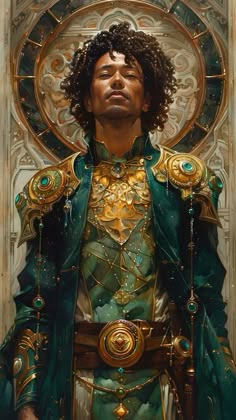 a painting of a man with curly hair wearing a green suit and gold jewelry, standing in front of a stained glass window