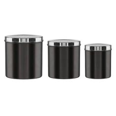 three black metal canisters with lids