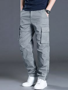 Gris Calle Collar  Tela Liso Pantalones cargo Embellished No-Elástico  Bottoms de hombres Grey Cargo Pants Outfit, Cargo Pants Outfit Men, Cargo Outfit, Fits Streetwear, Pants Outfit Men, Grey Cargo Pants, Cargo Pants Outfit, Men Stylish Dress, Men Pants