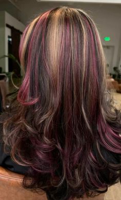 Call Hair Colors For Brunettes, Trendy Haircolor2024, Maroon Hair Streaks, Brown Hair Colors With Highlights Curly, Dark Hair With Dark Purple Highlights, Whimsigoth Hair Dye, Brown Hair Color Ideas For Fall, Blue Color Hair Highlights, 2000s Hair Streaks