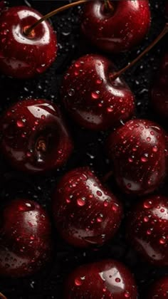 some red cherries with water droplets on them are sitting in the dark, black background