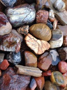 many different rocks and stones together in a pile on the ground with straw behind them