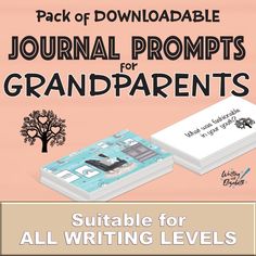 a book cover with an image of a notebook and pen on it, which reads journal prompts for grandparents suitable for all writing levels