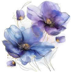 three blue flowers on a white background with watercolor paint and gold foiling in the middle