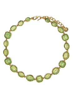 Green/gold gold plated brass Cabochons row necklace from GOOSSENS featuring hook fastening, adjustable-length chain and crystal embellishment. Designer Necklace, Brass Hook, 24kt Gold, Rose Gold Jewelry, Green Necklace, Crystal Embellishment, Rock Crystal, Gold Gold, Green Gold