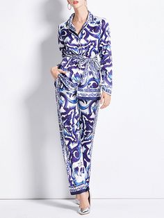 Washing instructions: Hand Wash Composition: Natural Fiber Cotton, Acetate, Polyester Designer Style ID: GC56546798 Chic Blue Silk Pants, Blue Silk Pants For Work, Silk Two Piece, Belt Shirt, Wide Leg Pant Suit, Blue And White Porcelain, Top Pants Set, Set Women, Designer Style