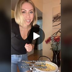 a woman standing in front of a bowl of food with the caption, you know the chilli stay healthy stay happy