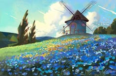 a painting of a windmill on top of a hill with blue flowers in the foreground