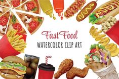 fast food watercolor clip art with different foods and drinks around the circle on white background