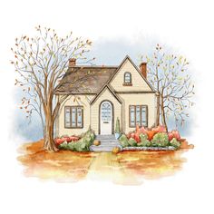 a watercolor painting of a house with fall foliage