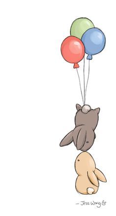 a drawing of a cat holding balloons in the air with it's back legs