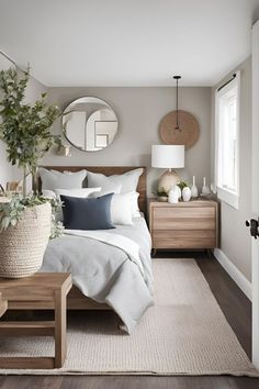 a bedroom with a bed, mirror and plant in the corner on the side table