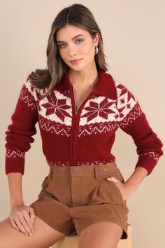 Cooler days call for cute solutions like the Lulus Snowy Snuggles Red Fair Isle Zip-Front Cardigan Sweater! Medium-gauge sweater knit features a Fair Isle-inspired colorwork design as it shapes a collared neckline and long, raglan-style sleeves. Cardigan silhouette boasts a front zipper that continues down the lightly fitted bodice to a fitted hem. Ribbed knit accents the neckline, cuffs, and hem. Fit: This garment fits true to size. Length: Size medium measures 20" from shoulder to hem. Bust: Great for any cup size. Waist: Loosely Fitted. Undergarments: May be worn with any standard bra. Fabric: Fabric is very stretchy. Unlined. 53% Acrylic, 18% Nylon, 18% Polyester, 10% Wool, 1% Spandex. Hand Wash Cold. Do Not Bleach. Dry Flat. Iron Low Heat. Imported. Lulus | Snowy Snuggles Red Fair Isl Family Holiday Outfits, Family Christmas Outfits, Fair Isle Cardigan, Home For The Holidays, Family Holiday, Flat Iron, Cup Size, Sweater Knit, Cozy Sweaters