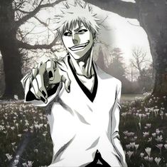 an anime character standing in the grass with trees and flowers behind him, looking at the camera