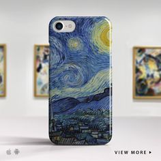 the starry night phone case is on display in front of some paintings and artwork