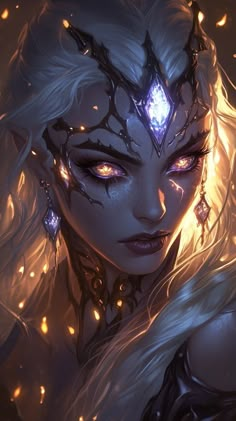 a woman with white hair and glowing eyes