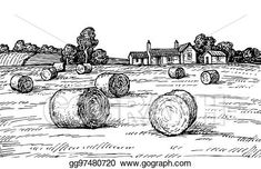 black and white drawing of hay bales in the field with farm houses behind it