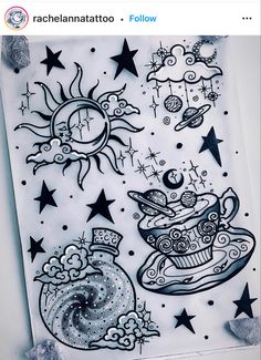 an artistic drawing on paper with stars and coffee cup in the sky, moon and sun