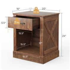 a wooden cabinet with measurements for the door and drawer on it's side,