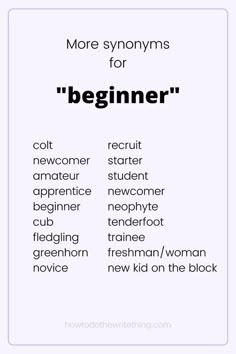 a poster with the words'more syonyns for beginner'in black and white