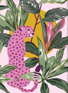 a pink leopard sitting on top of a lush green leaf covered tree next to a yellow sun